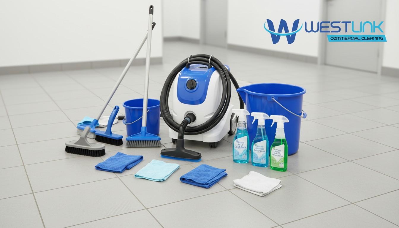 Professional tile and grout cleaning tools and equipment neatly arranged