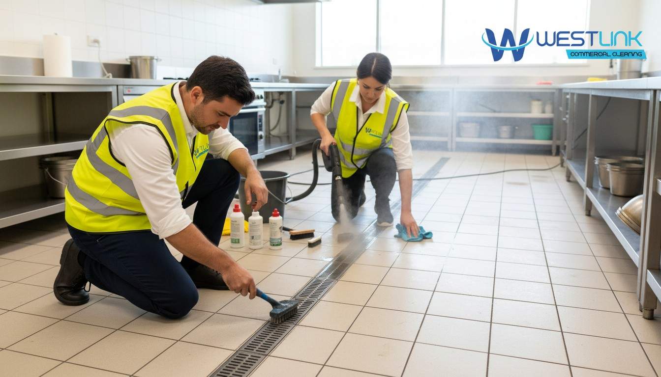 Professional cleaner scrubbing tile and grout to restore cleanliness