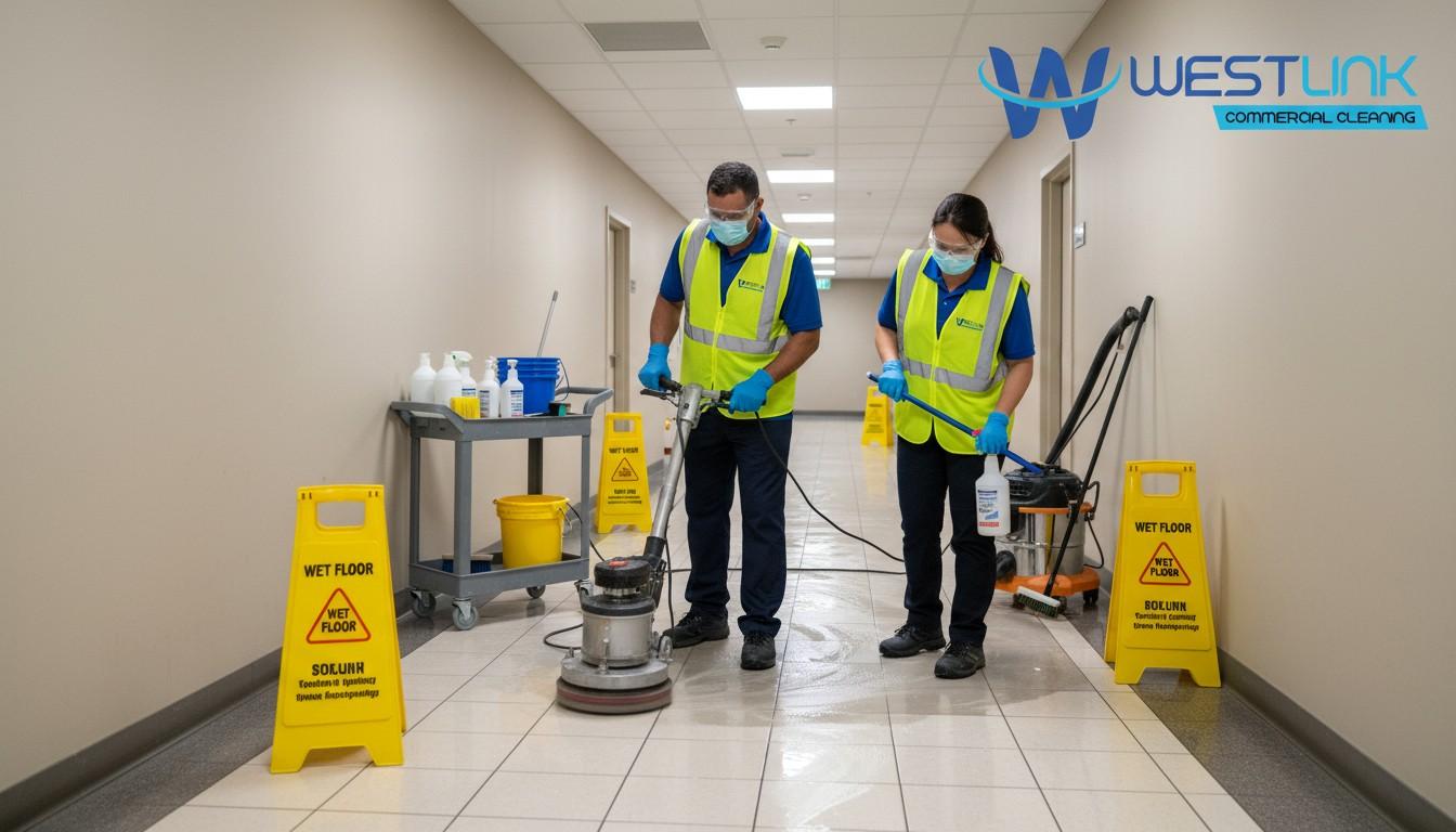 Professional cleaners following safety practices while cleaning tile and grout.