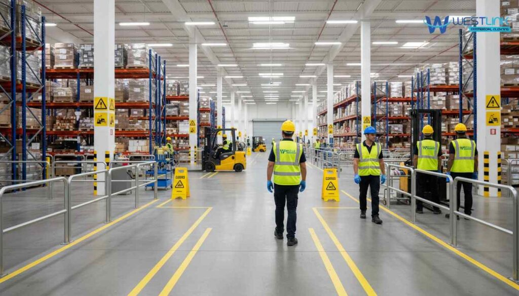 Warehouse workers following safety protocols with PPE, clear signage, and marked safe walkways to prevent accidents.