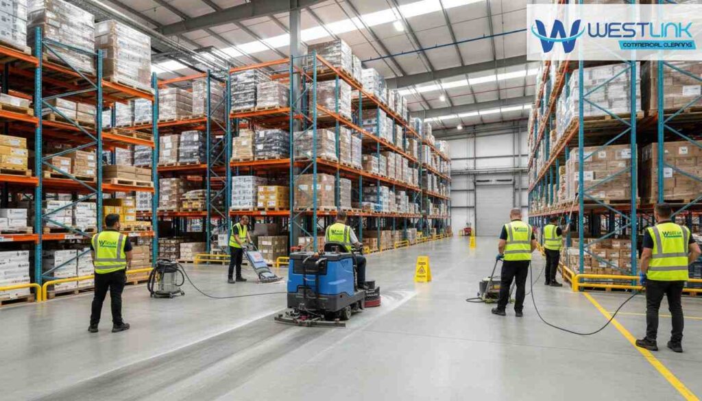 Cleaning staff using industrial equipment to clean and maintain a large commercial warehouse.