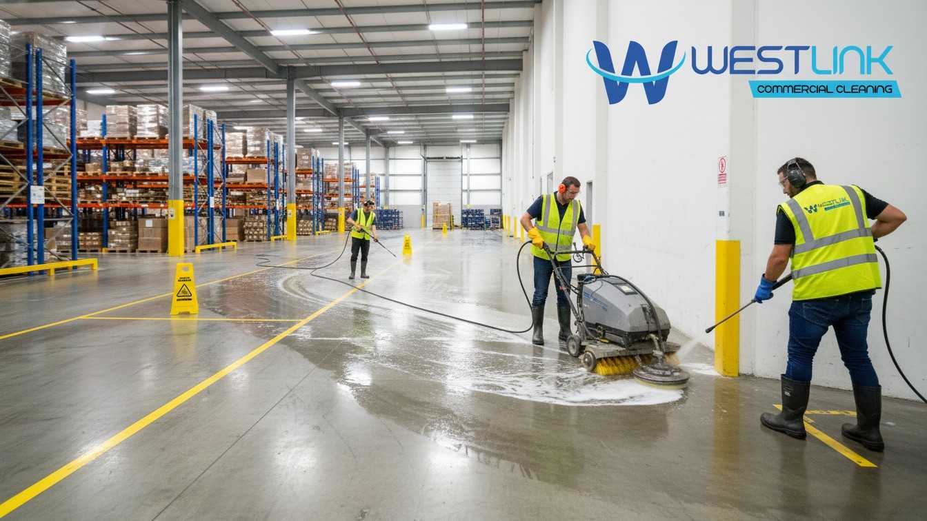 Warehouse staff performing pressure cleaning to maintain a safe and clean work environment.