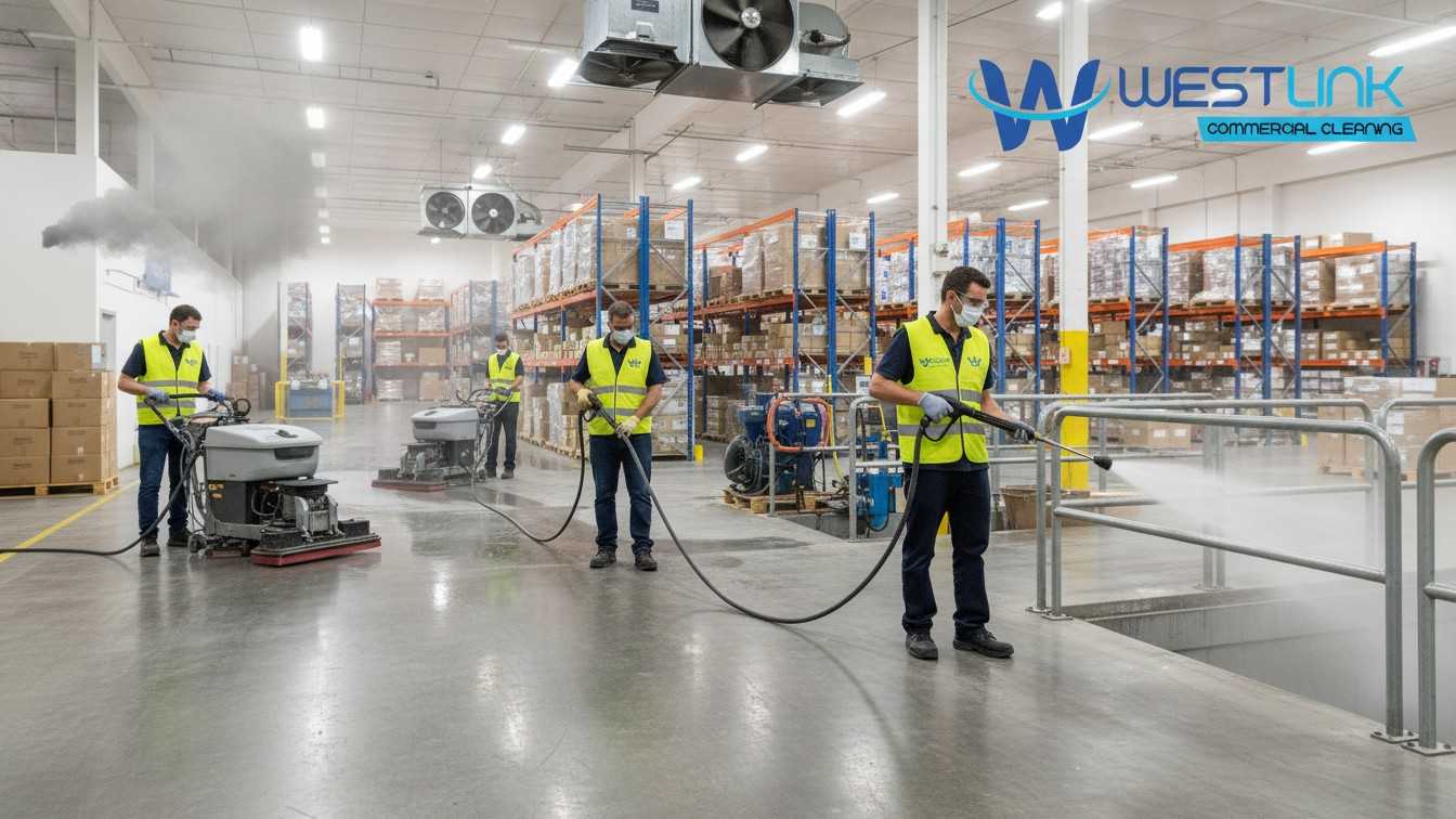 Warehouse staff using pressure cleaning equipment to remove dust and improve indoor air quality,