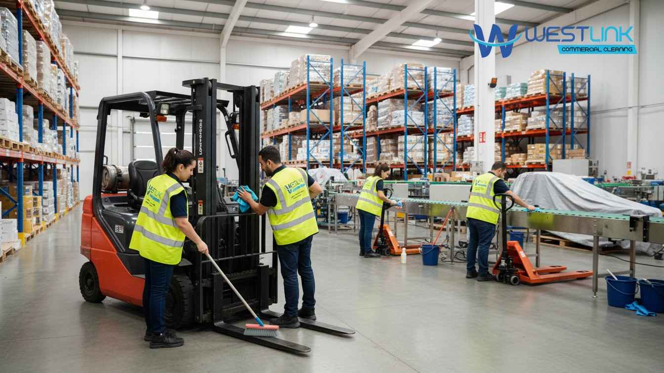 Warehouse staff cleaning and maintaining machinery to extend equipment lifespan,