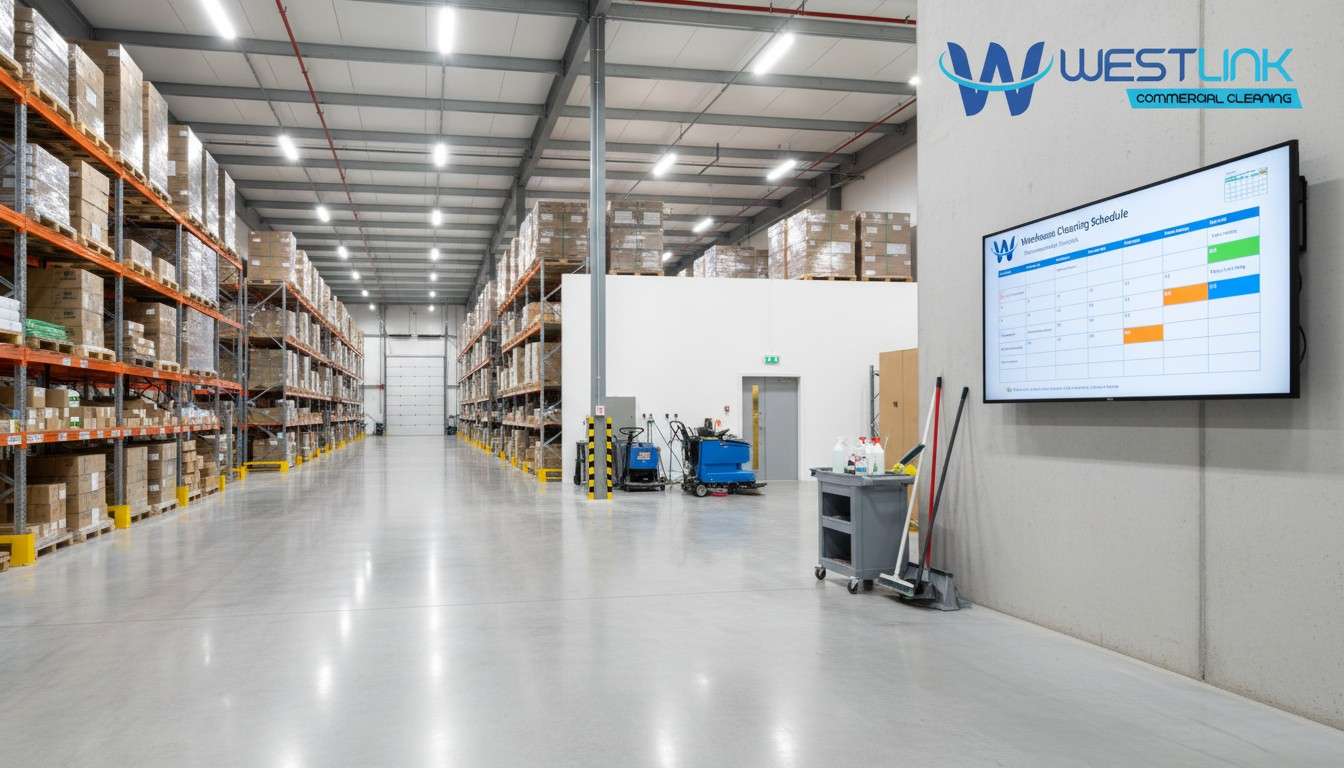 Warehouse cleaning schedule with calendar and equipment, representing recommended cleaning intervals.