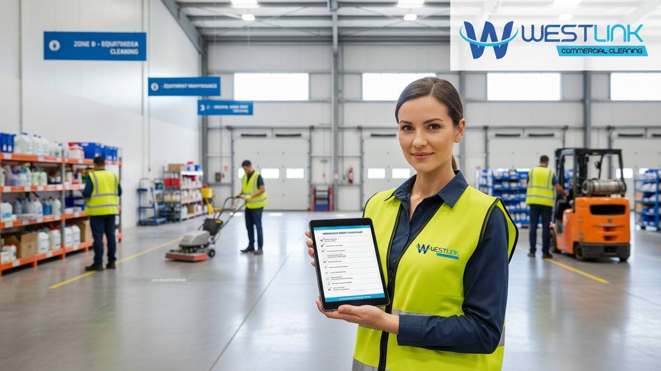 Warehouse staff reviewing a deep cleaning checklist in a clean, organized warehouse.