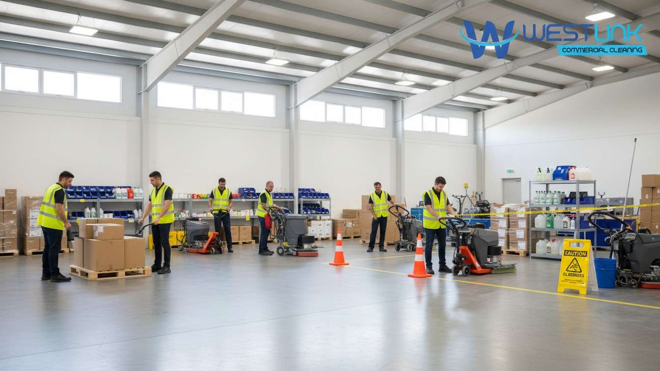 Warehouse staff preparing the cleaning area by clearing equipment, marking zones, and placing safety signage.
