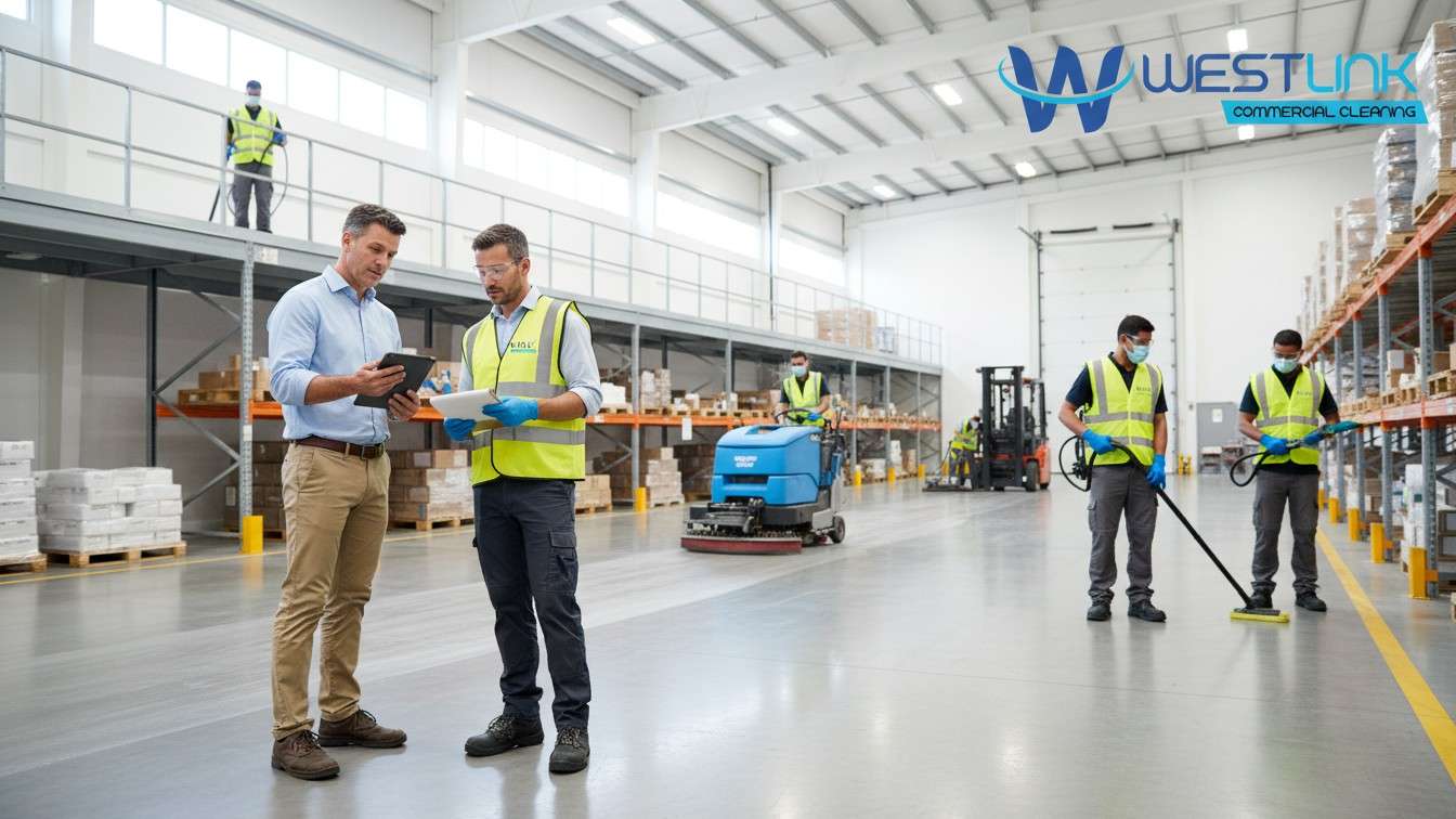 Warehouse manager coordinating with external cleaning team using checklists and professional equipment
