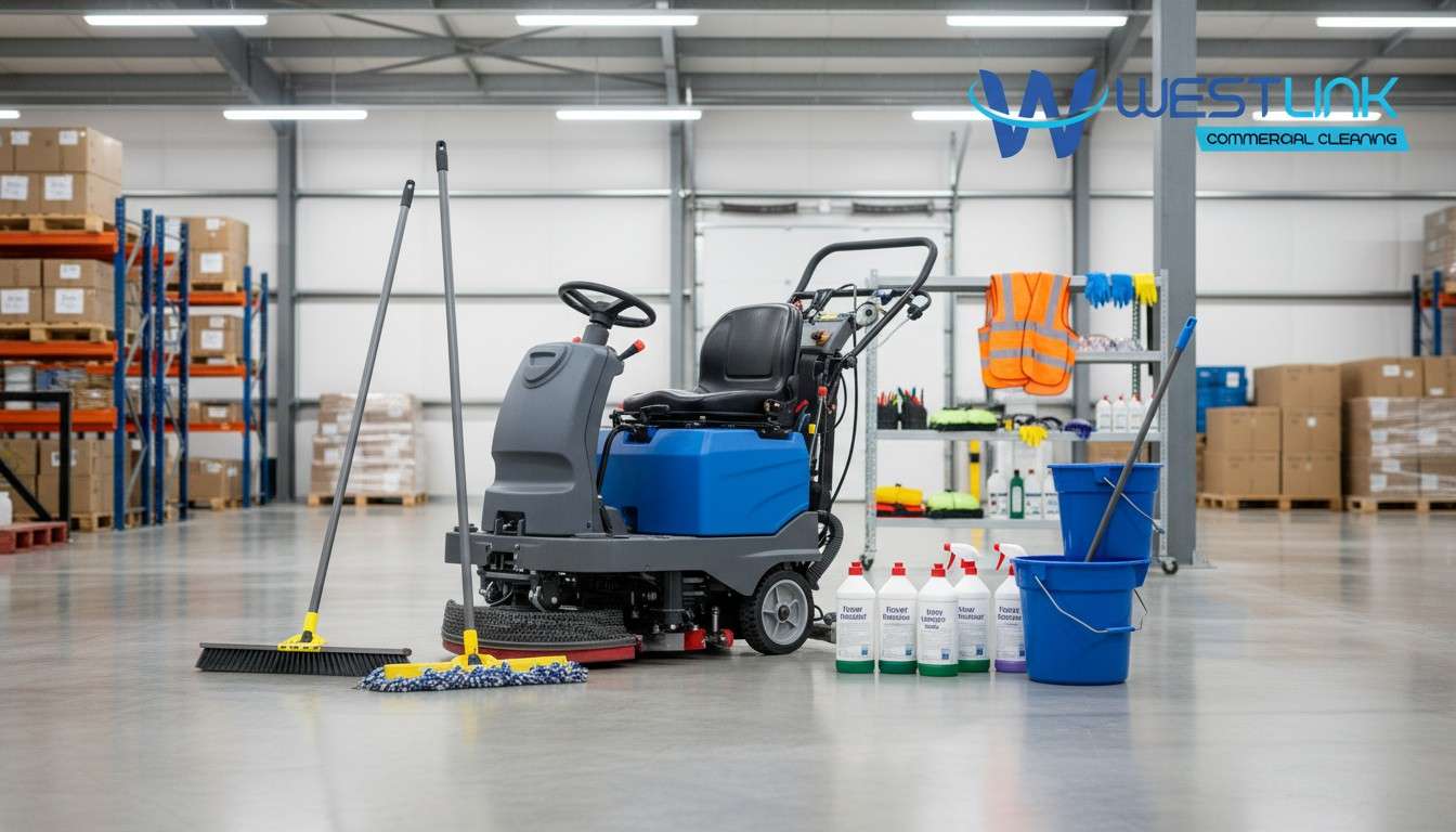 Warehouse cleaning tools and chemicals neatly arranged for floor maintenance.