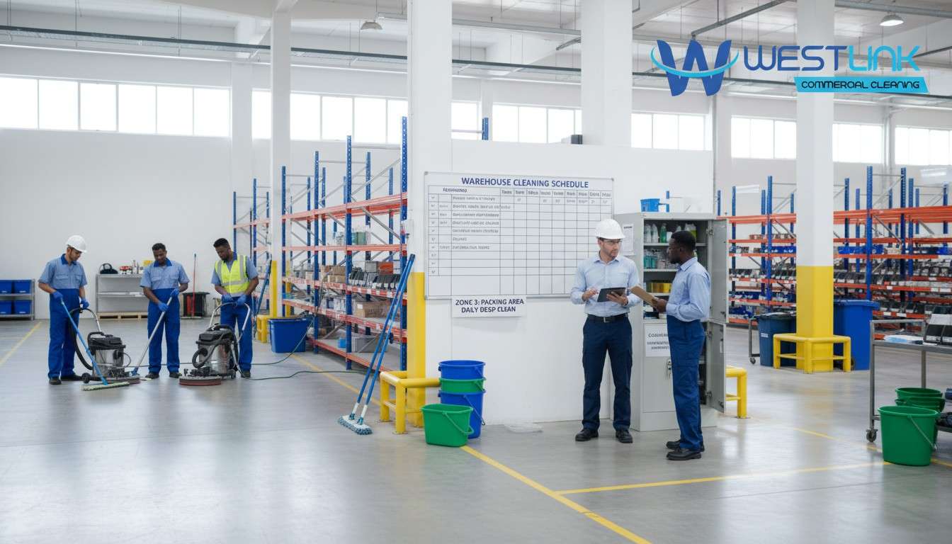 Warehouse staff following best cleaning practices with checklists and organized tools,