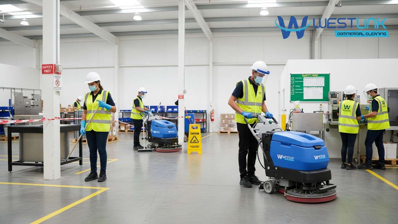 Warehouse staff using proper cleaning methods and best practices with organized tools and PPE.