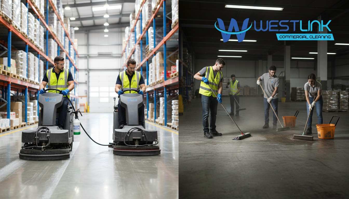 Comparison of professional warehouse floor cleaning using industrial equipment versus in-house maintenance with basic tools.
