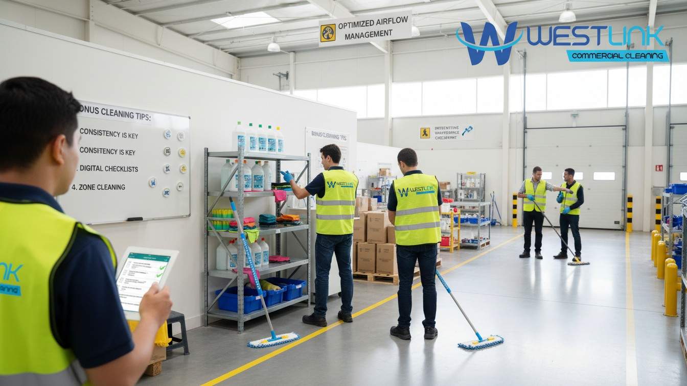 Supervisors and staff reviewing a freshly cleaned warehouse and checking maintenance tasks