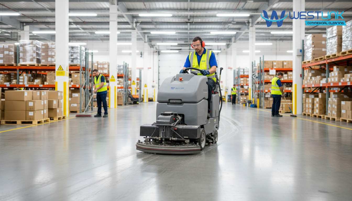 Warehouse floor being cleaned by staff using professional equipment.