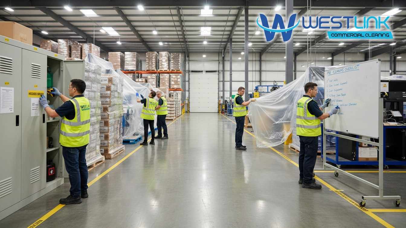 Warehouse staff applying optimized cleaning tips such as organized tools, digital checklists, and maintenance checks.