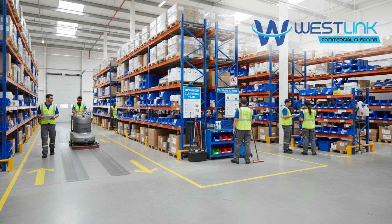 Warehouse staff using efficient tools and organized methods to optimize cleaning.