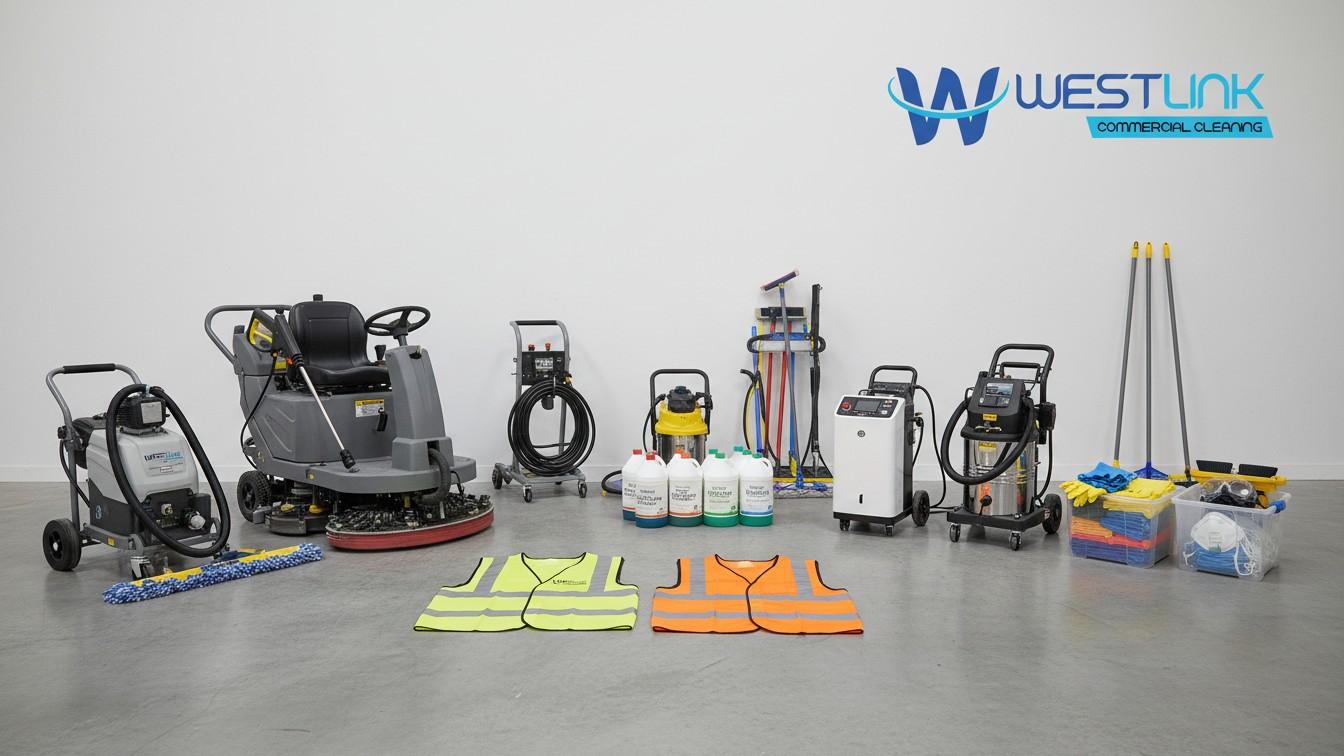 Industrial tools and cleaning agents required for effective warehouse deep cleaning,