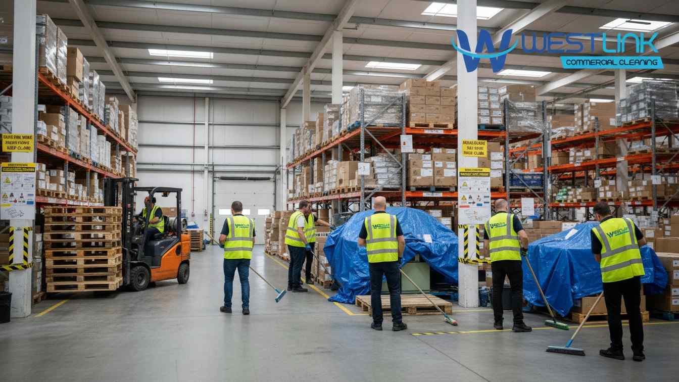 Warehouse staff preparing the facility for professional cleaning by organizing inventory and securing equipment.