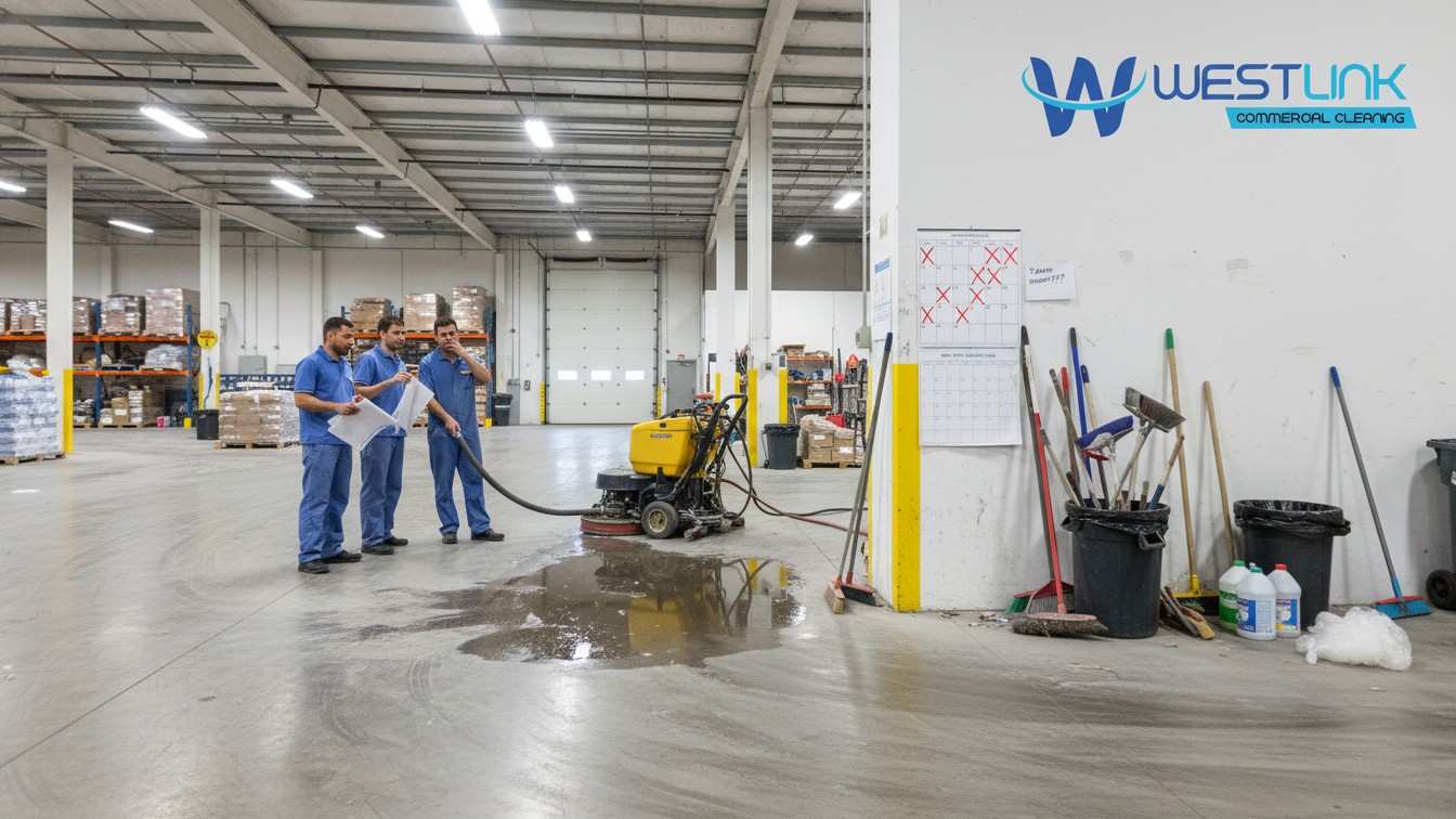 Warehouse showing signs of poor cleaning schedules with cluttered equipment and dust.