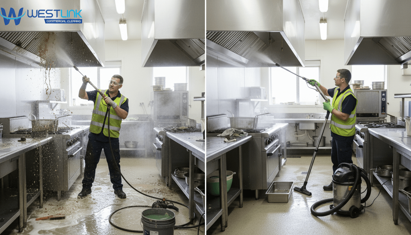 Comparison of improper vs proper kitchen hood cleaning by cleaners.