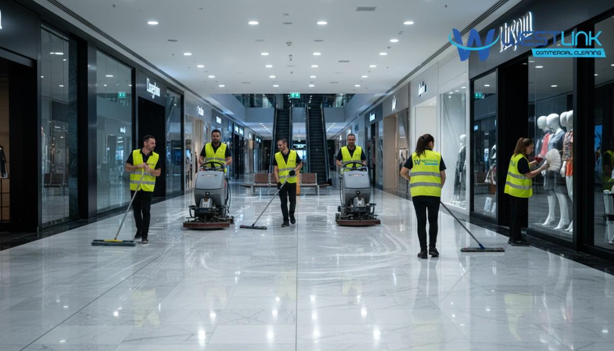 Commercial Mall cleaning team working during night shift using cleaning machines