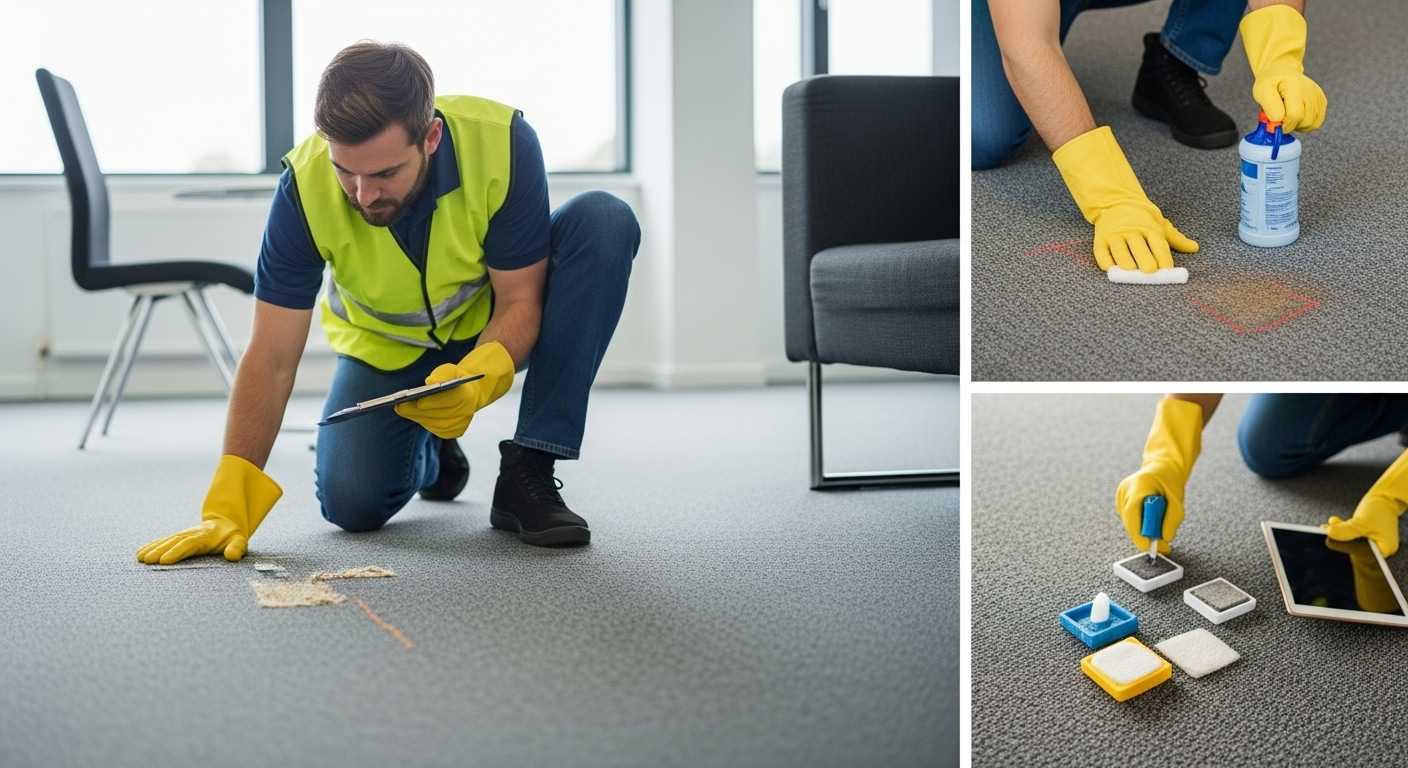 Technician inspecting commercial carpet to identify cleaning needs, checking stains, high-traffic areas, and fiber type with test cleaning solutions in an office setting