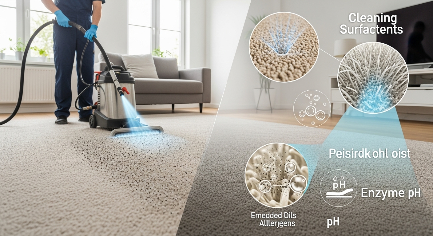 Professional carpet cleaning in action with hot water extraction, showing deep soil removal from carpet fibers, including dust, oils, and allergens, in a modern living room setting.