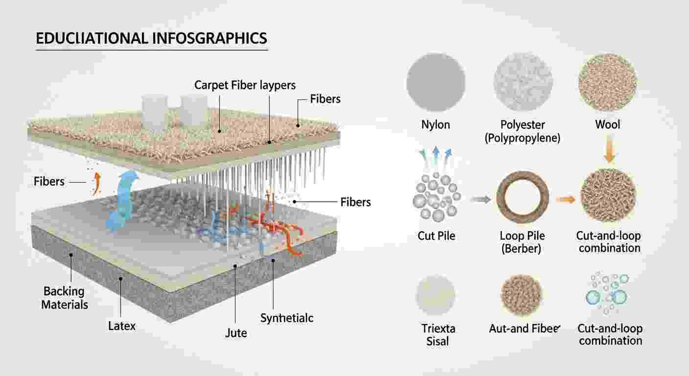 Cross-section of carpet showing fiber types, pile styles, and backing materials with dirt and cleaning interaction.