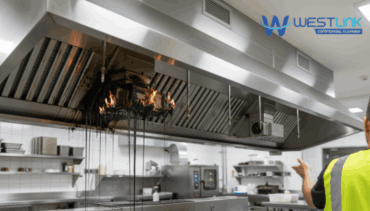 Greasy vs clean commercial kitchen range hood showing fire-risk contrast.