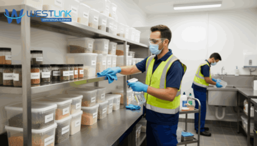 Cleaner sanitizing shelves and containers in a commercial kitchen pantry.