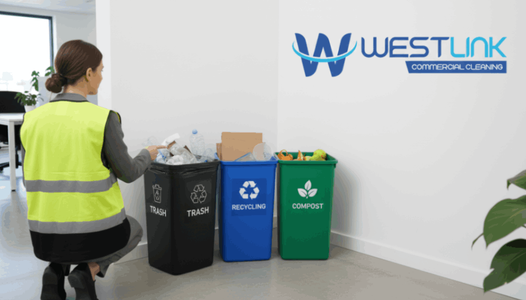 Office bins showing improper and proper waste sorting for trash, recycling, and compost.