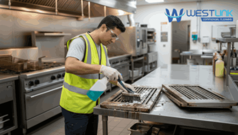 Cleaner scrubbing greasy kitchen hood vents with degreaser and brushes.
