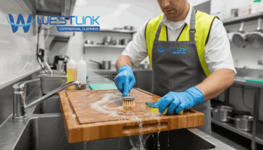 Professional cleaning a wooden cutting board in a commercial kitchen using gloves, sponge, food-safe detergent, and coarse salt