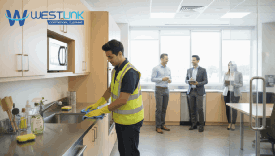Cleaner using eco-friendly supplies to sanitize appliances in a bright office breakroom.