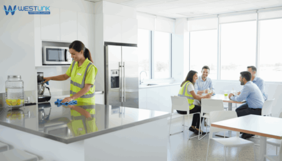 Clean and organized office breakroom with sanitized appliances and happy employees.