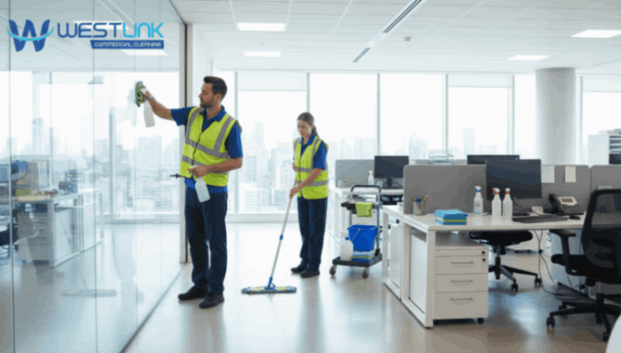 Professional cleaners working in a modern office.