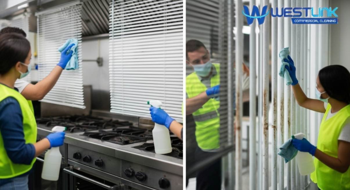 Cleaners wiping different types of kitchen blinds and curtains in a commercial kitchen.