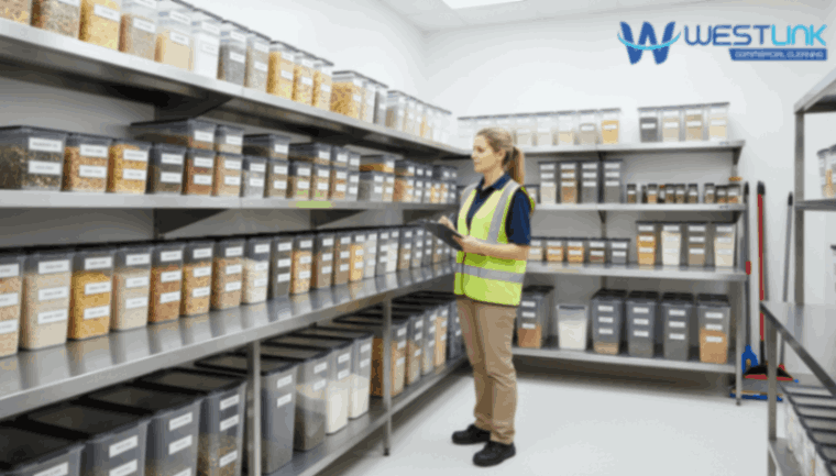 Organized commercial kitchen pantry with labeled containers and dry goods.