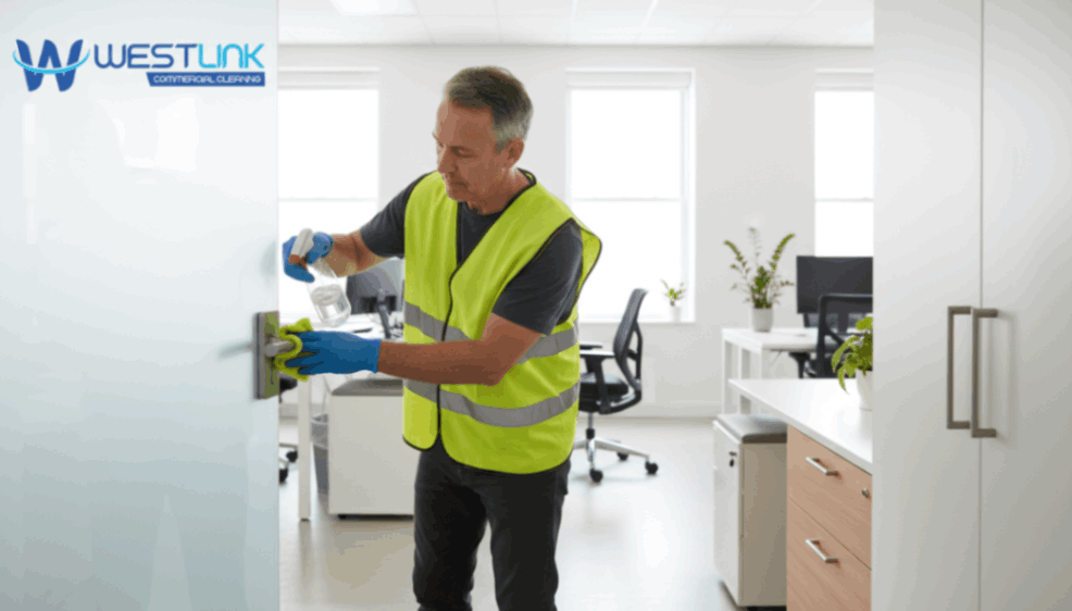 Cleaner disinfecting office door, cabinet, and drawer handles.