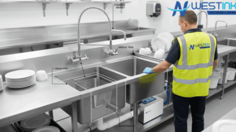 Commercial kitchen sink and drain system with strainers, grease traps, and plumbing connections