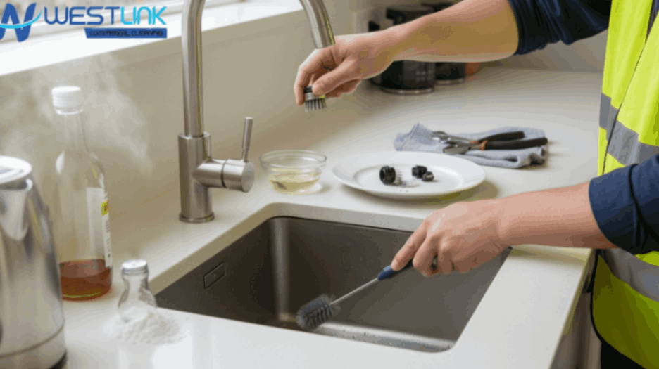 Hands cleaning a kitchen faucet aerator and sink drain with brushes and cleaning solutions.