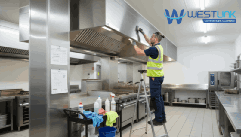 Professional cleaner performing routine range hood maintenance with schedule in a commercial kitchen.