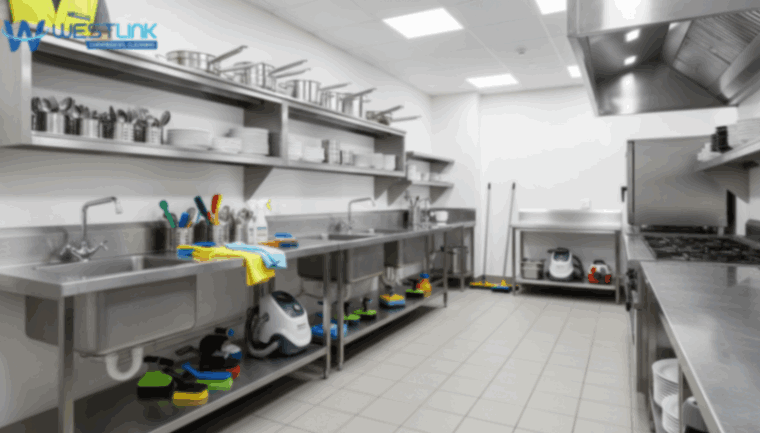 Professional commercial kitchen with organized cleaning tools and sparkling surfaces.