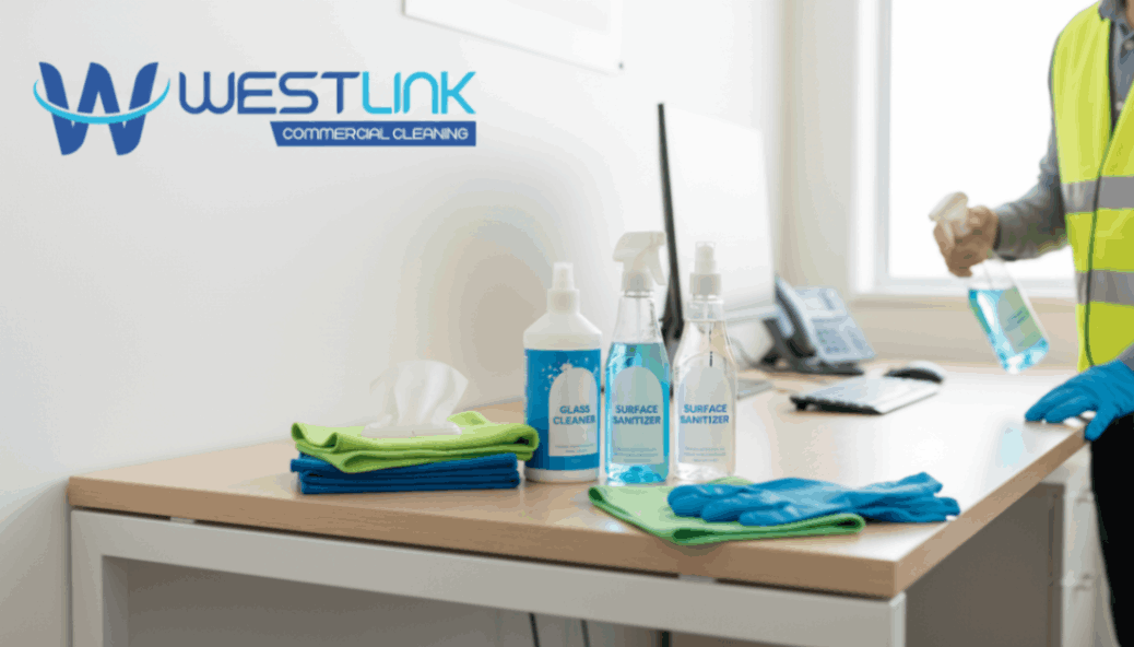 Desk cleaning tools neatly arranged on a modern office desk.