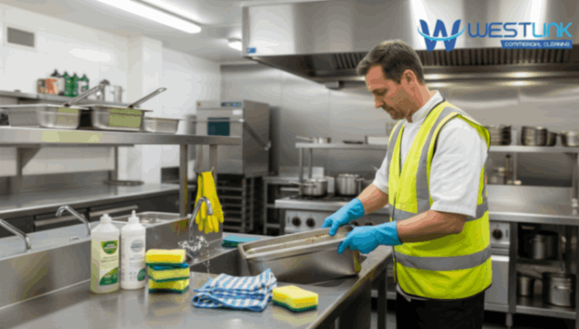 Commercial kitchen cleaning tools for cookware and bakeware.