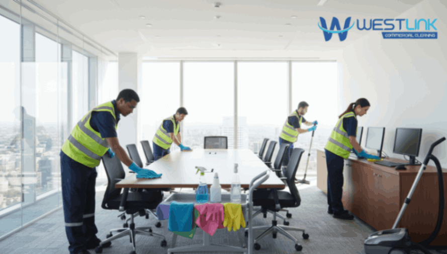 Professional cleaners sanitizing a modern conference room.
