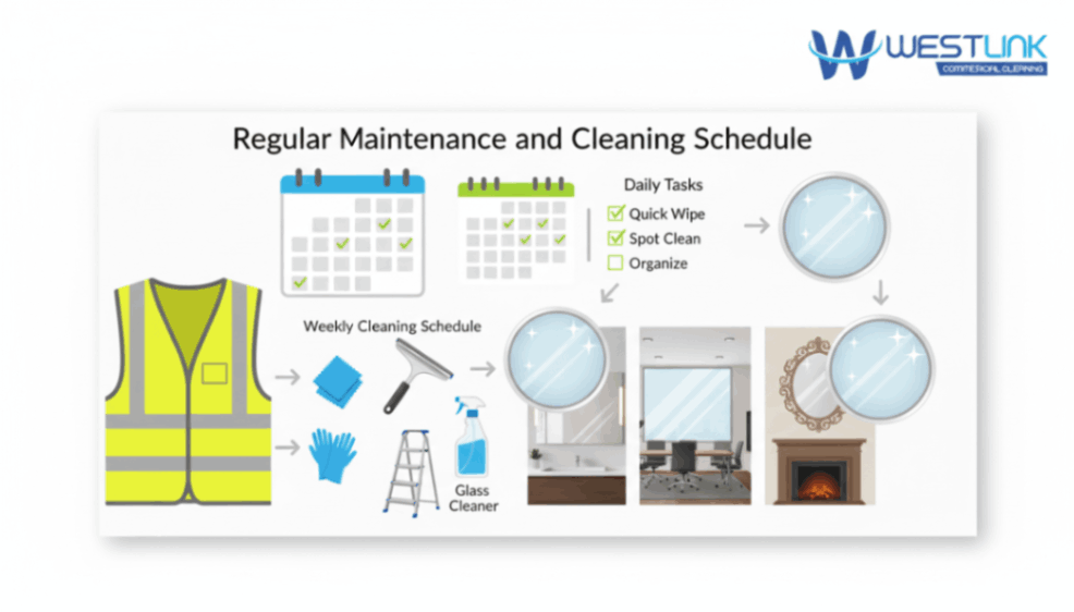 Infographic showing mirror cleaning schedules with tools and sparkling mirrors in different spaces.
