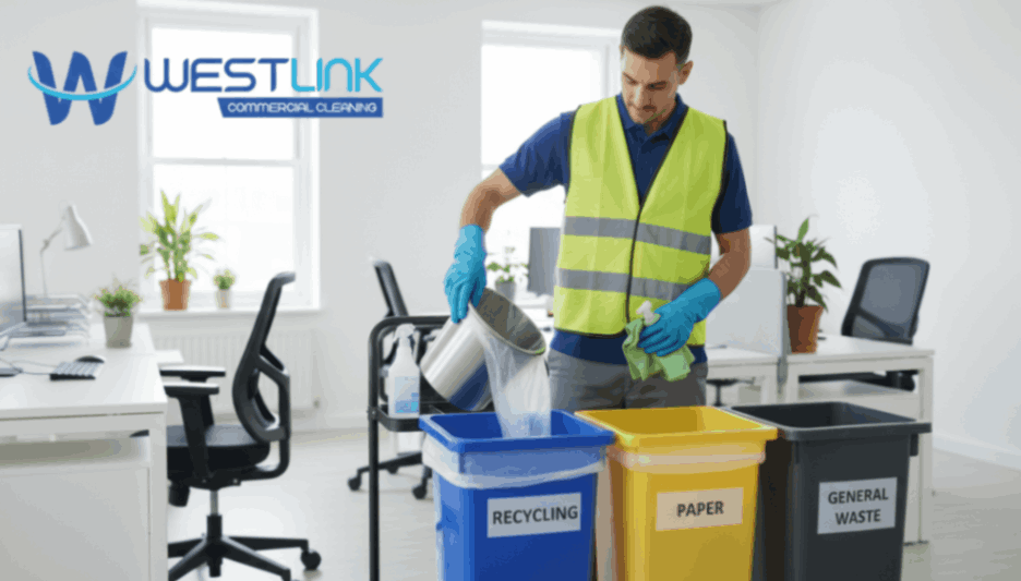 Cleaner emptying color-coded office bins in a modern workspace.