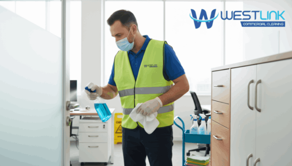 Cleaner disinfecting office door, cabinet, and drawer handles.