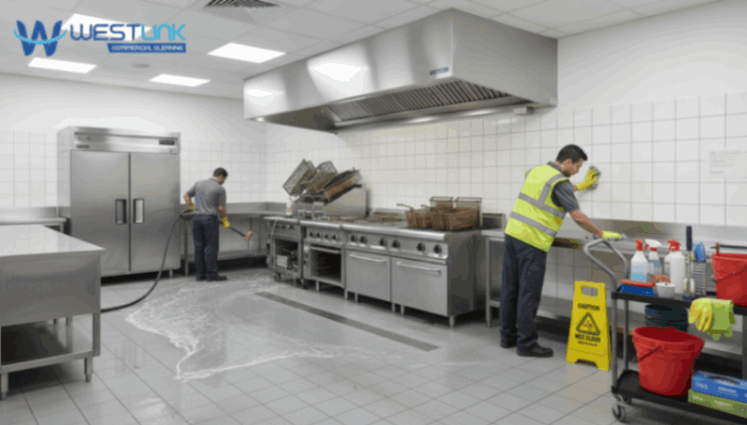 Comparison of cleaning mistakes vs correct methods in a busy commercial kitchen.